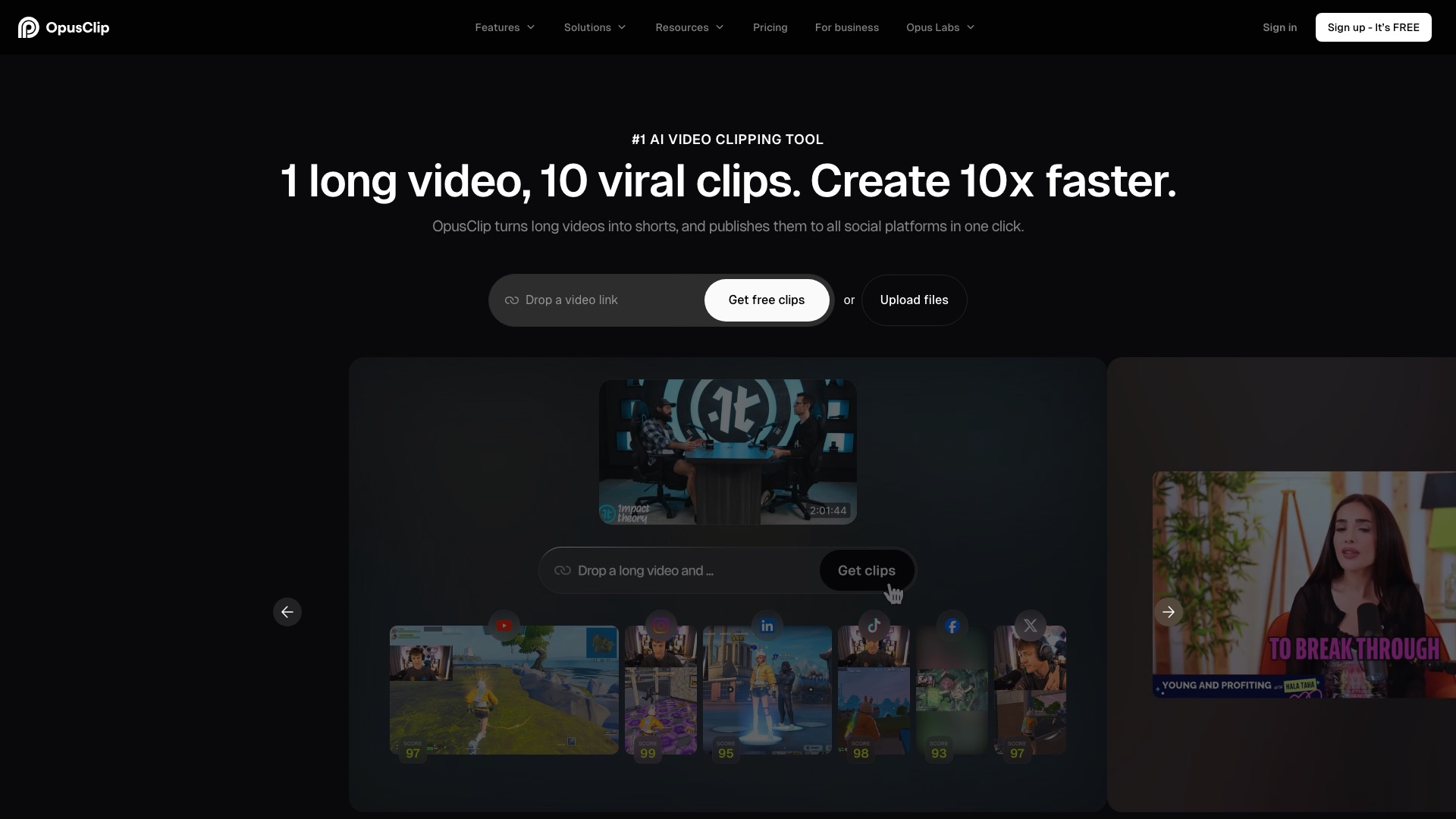 Opus Clip homepage