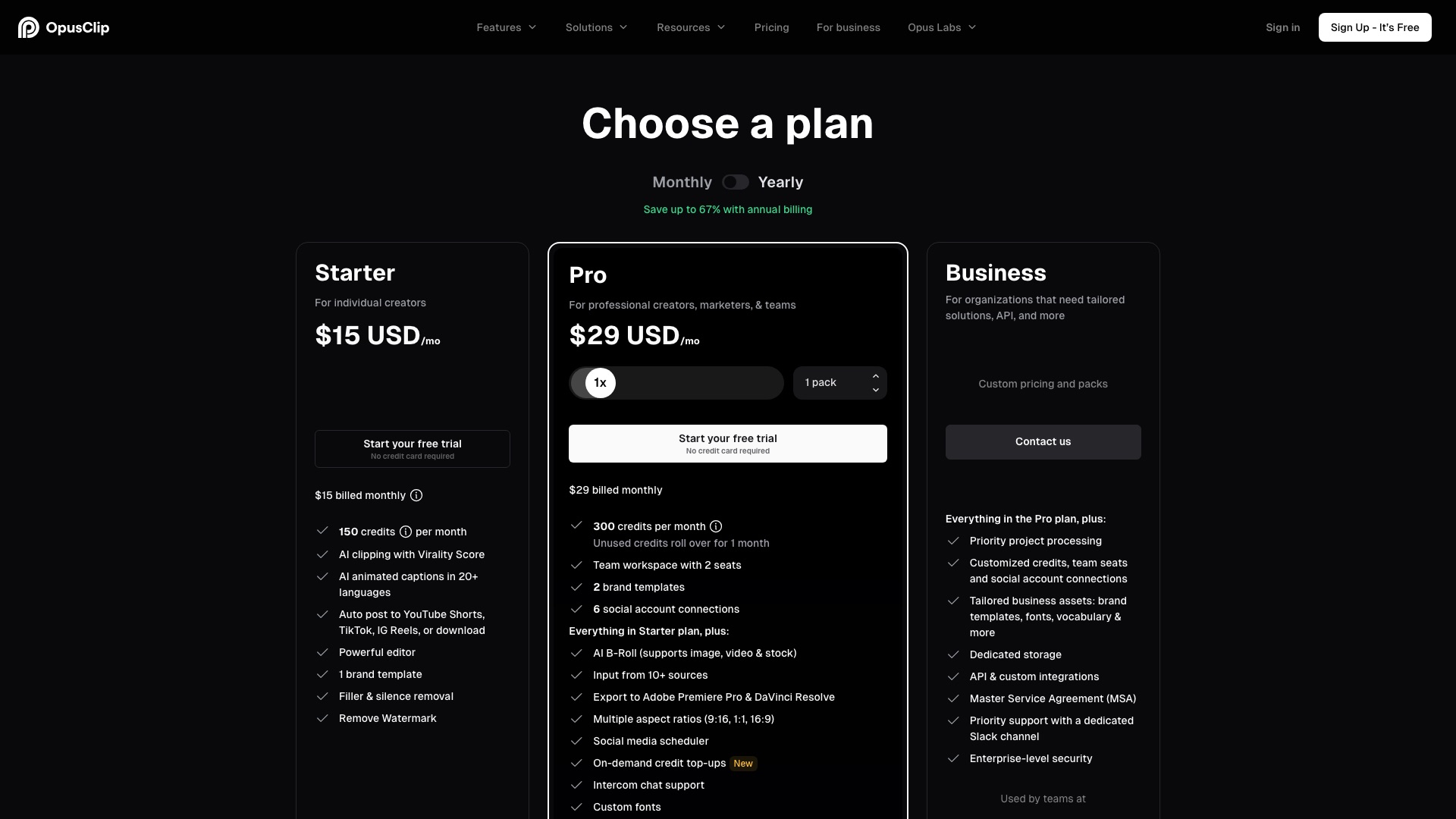 Opus Clip pricing